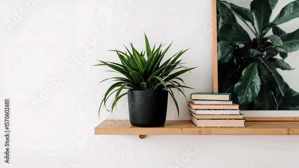Fototapeta Snake plant displayed in matte pot on floating shelf