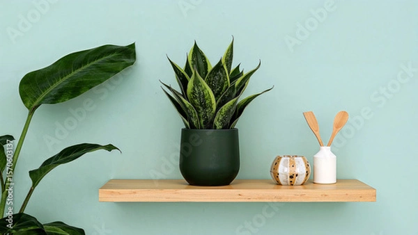 Fototapeta Snake plant elegantly displayed in matte pot on shelf