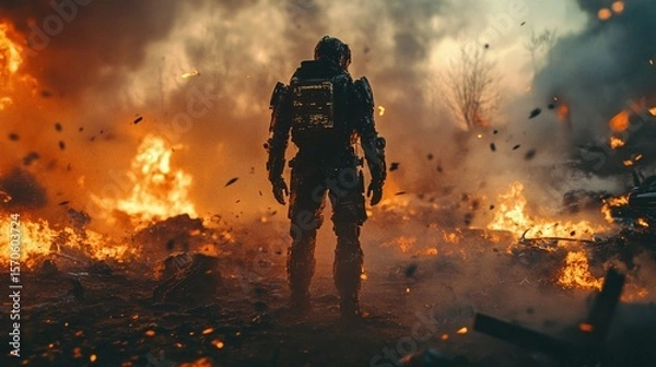 Obraz A soldier in advanced combat armor stands amidst chaos, surrounded by raging flames and flying debris