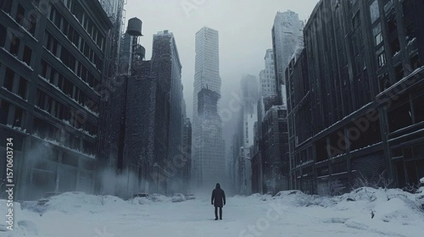 Obraz A lone figure walks down an empty, snow-covered street flanked by decaying skyscrapers in a post-apocalyptic city
