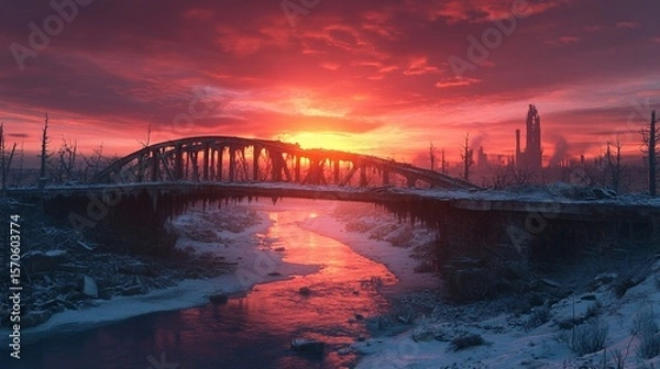 Obraz A decaying stone bridge arches over a shallow river, illuminated by the fiery glow of a sunset