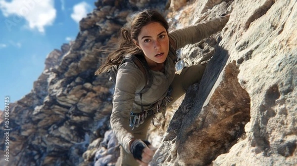 Obraz young woman climbing up a rock	
