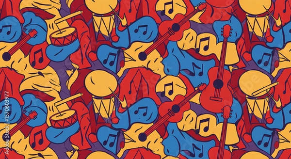 Fototapeta Vibrant, colorful pattern of musical instruments and symbols, densely packed together.