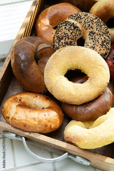 Fototapeta Freshly Baked Bagels on Bakery Shelves