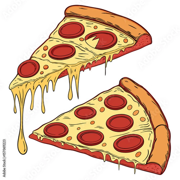 Fototapeta "detailed, high quality, colorful, realistic illustration of two slices of pepperoni pizza, melted cheese, steaming hot, dripping cheese, crisp crust"
