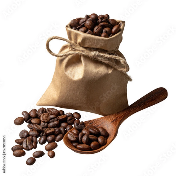 Fototapeta Coffee beans in bag isolated on transparent background