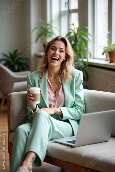 Fototapeta Lachende moderne junge Frau mit To-Go-Kaffeebecher und Laptop auf Sofa in heller Wohnung