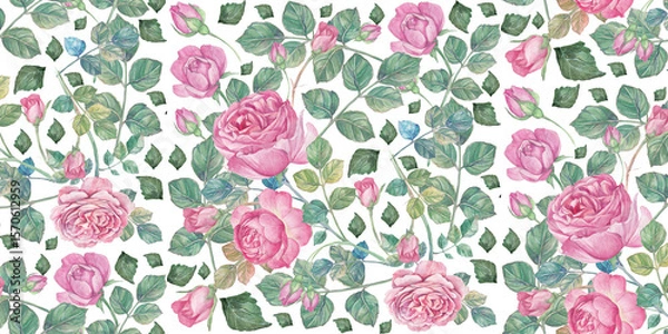 Obraz Elegant watercolor rose pattern with soft pink blooms and lush green foliage design