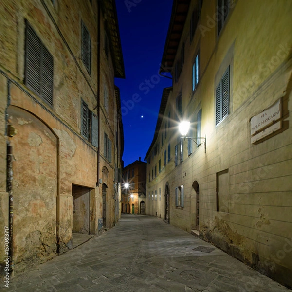 Obraz A narrow street in Siena, Italy, illuminated by warm streetlights under a dark blue night sky. The historic architecture, stone-paved path, and serene ambiance create a picturesque nighttime scene.