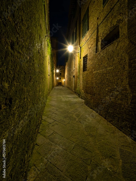 Obraz Narrow street in Siena, illuminated by warm streetlights under night sky. Historic architecture, stone-paved path, and serene ambiance create a picturesque nighttime scene. Travel to Tuscany, Italy.