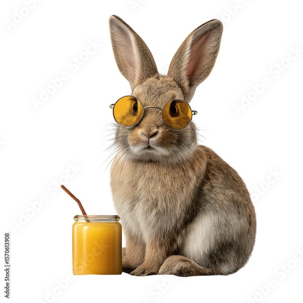 Fototapeta Rabbit with sunglasses and juice isolated