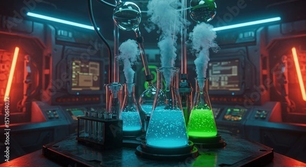 Fototapeta Futuristic Science Lab with Glowing Beakers and Experimental Apparatus | Research and Development Laboratory with Smoke and Vapor for Scientific Visualization and Technology Marketing