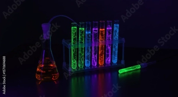 Fototapeta Glowing Fluorescent Liquids in Test Tubes and Beaker Under Blacklight | Science Experiment and Chemical Research for Education and Laboratory Visuals