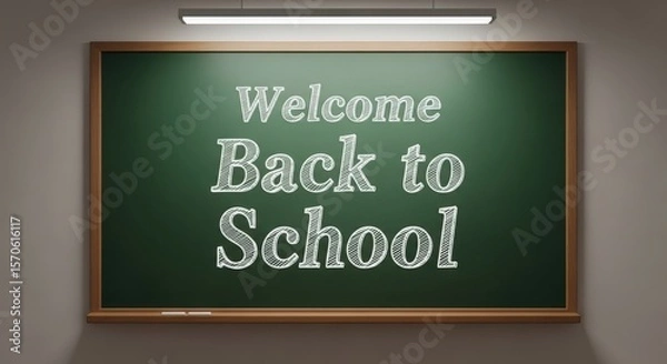 Fototapeta Welcome Back to School Message on Green Chalkboard | Educational Greeting for Students, Teachers, and School Marketing Materials