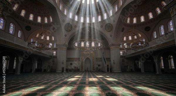 Fototapeta Grand Mosque Interior with Sunbeams Streaming Through Arched Windows | Religious Architecture and Spiritual Symbolism for Travel, Culture and Architectural Design