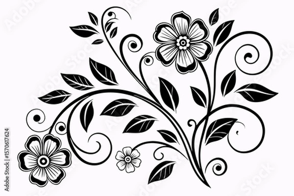 Fototapeta Elegant black and white floral design with leaves and swirls perfect for decorative and creative projects