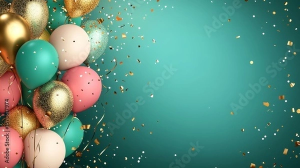 Fototapeta A vibrant and festive birthday card design with balloons gold, pink and green featuring a modern celebration theme