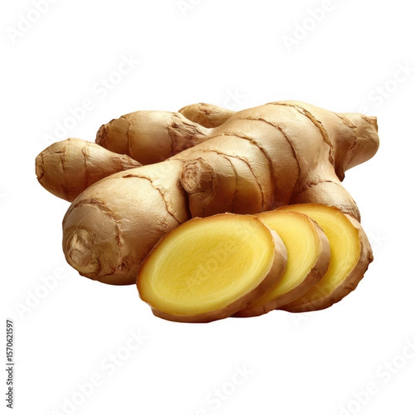Fototapeta Ginger root and slices isolated on transparent background