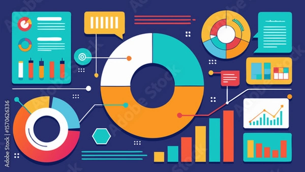 Obraz Colorful infographics and data visualization elements on dark background