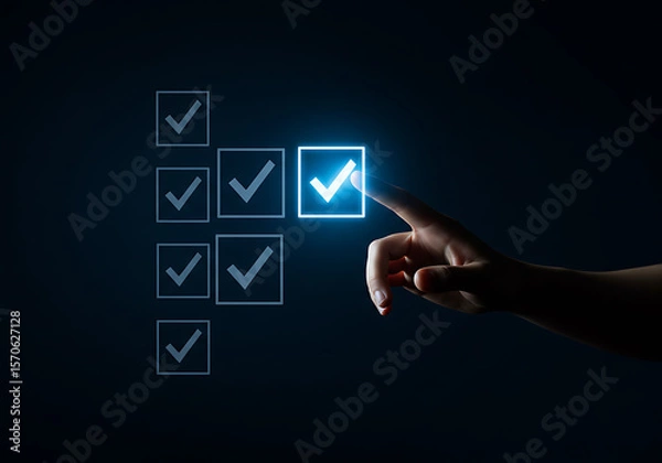 Fototapeta Hand Selecting a Glowing Checkbox on a Digital Checklist Interface with Dark Blue Background and Modern Design Elements