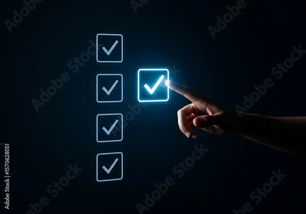 Fototapeta Hand Selecting a Glowing Checkbox on a Digital List on a Dark Blue Background with Modern Design