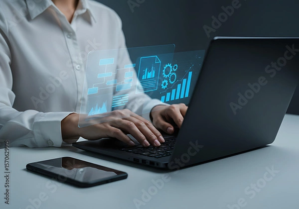 Fototapeta Businesswoman working on laptop with data analysis and business intelligence visualization future technology and digital transformation concept for success