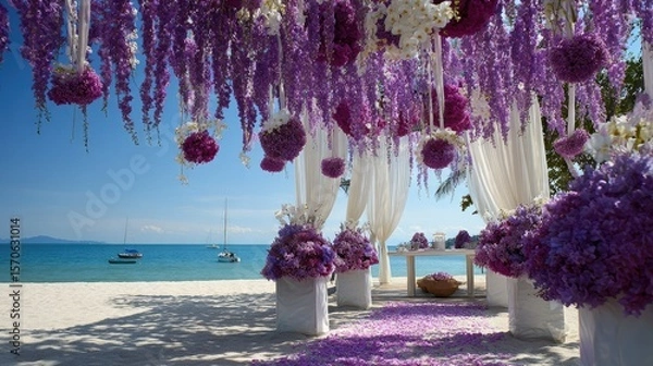 Fototapeta A serene beach features a floral arch set for a wedding ceremony with turquoise waters and clouds