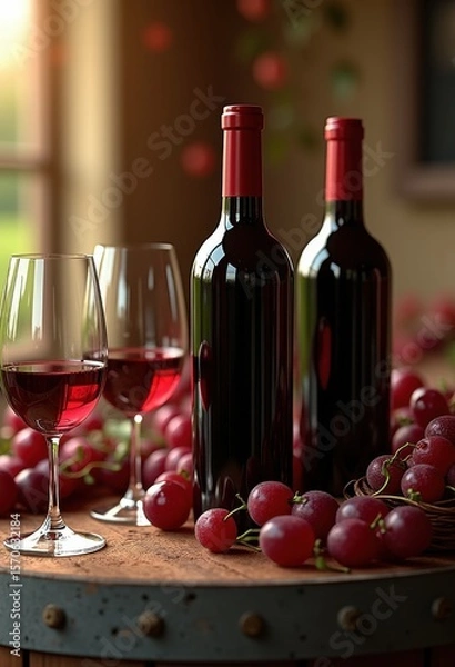 Fototapeta rich red wines displayed rustic wooden barrel timeless elegance wine aesthetic perfect sommelier showcase, wineglass, liquid, ruby, vintage, grape