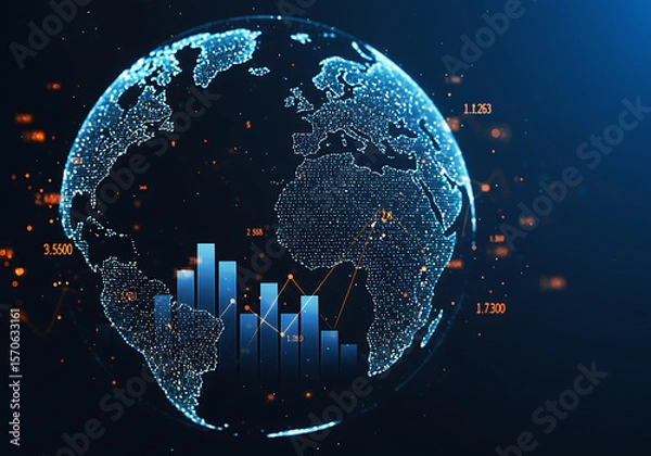Fototapeta Global Business Data Visualization Earth Globe with Financial Charts Data Points and Orange Lines on a Dark Blue Background