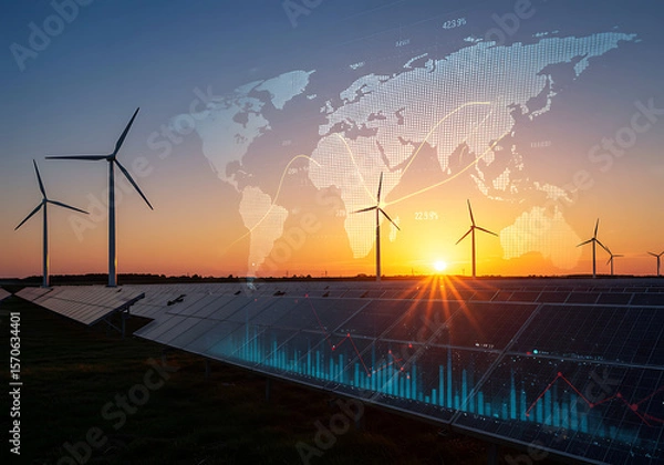 Fototapeta Sustainable Energy Solutions Wind Turbines and Solar Panels Powering a Global Network Representing Growth and a Cleaner Future at Sunset