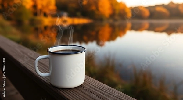 Obraz Rustic coffee mug on a deck railing, offering a peaceful view of an autumnal lake.

