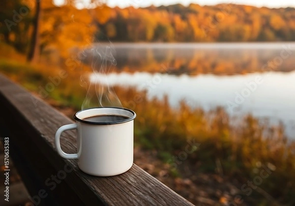 Obraz Morning coffee moment by an autumn lake, with a steaming enamelware mug.

