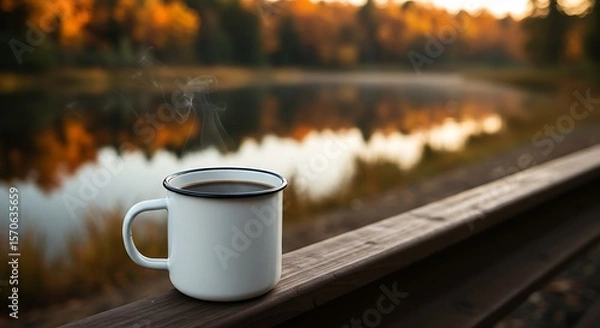 Obraz Enamel camping mug with hot coffee, overlooking a serene fall lake landscape.


