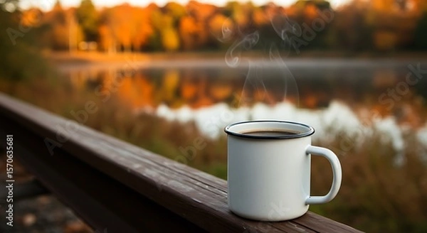 Obraz Cozy steaming coffee mug on rustic wood, with a beautiful autumn lake view.

