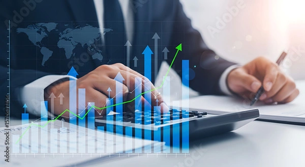 Fototapeta Business Growth Analysis with Financial Data and Calculator Showing Positive Trends and Global Market Expansion Strategy for Success