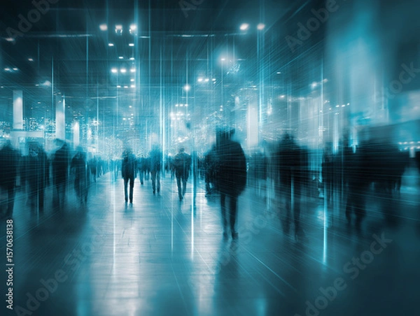 Fototapeta A conceptual blend of fast-moving urban crowds and digital overlays, illustrating the intersection of human activity and big data.