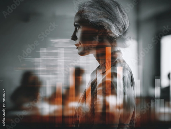 Fototapeta A mature female executive overlaid with digital bar graphs and business charts, in a modern office environment. The double exposure emphasizes wisdom, gender diversity in leadership.