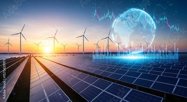 Fototapeta Sustainable Energy Landscape Solar Panels and Wind Turbines with Global Data Visualization at Sunset Emphasizing Renewable Energy Investment and Green Technology