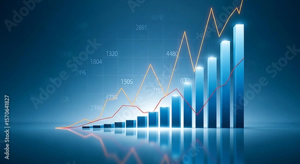 Fototapeta Financial Growth Chart with Bar Graph and Line Graph Showing Positive Trends in a Blue Toned Background