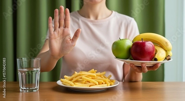 Obraz Weight loss journey: choosing fruit over fries, emphasizing better food habits.

