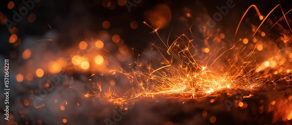 Fototapeta Dramatic fire sparks erupting outdoor setting close-up photography nighttime ambience abstract concept