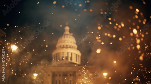 Fototapeta Celebratory fireworks display over historic capitol building nighttime photography urban environment dynamic perspective