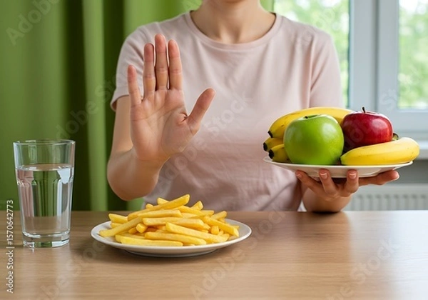 Obraz Healthy food choice: person pushes away fries, opting for fruit and water.

