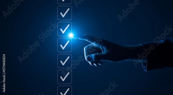 Fototapeta Digital Checklist with Hand Selecting an Item Representing Task Management Project Planning and Completion in a Modern Blue Aesthetic