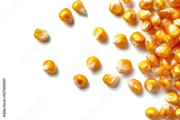 Fototapeta Scattered kernels of golden corn on a white surface creating a simple and natural composition view