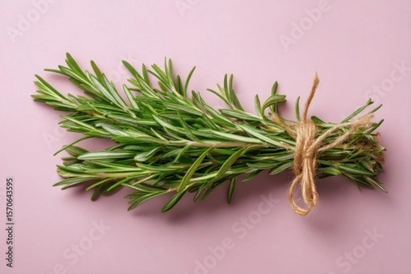 Fototapeta A bundle of fresh rosemary tied with twine on a pink background creating a simple and clean image