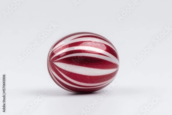 Fototapeta A single red and white striped sphere on a white background with soft shadows and a glossy surface