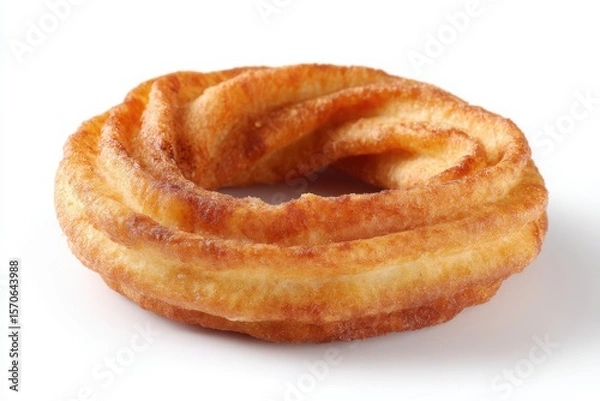 Fototapeta Close up of a golden brown cruller donut with a swirled design on a white background surface
