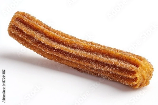Fototapeta A single churro pastry coated in sugar and cinnamon lies on a plain white surface in a studio shot