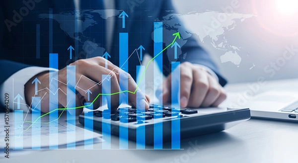 Fototapeta Financial Analysis and Growth Strategy with Data Visualization Calculator and World Map for Business Success and Investment Planning